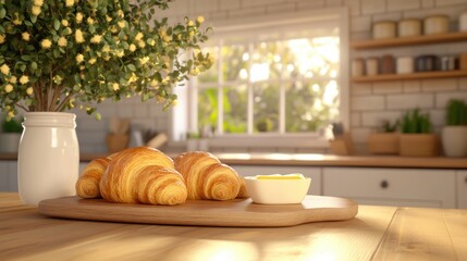 Golden croissants with butter on a wooden board