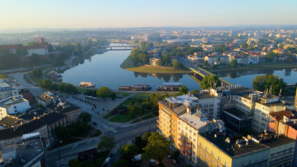 Drone view of European city tourism old town Krakow Poland