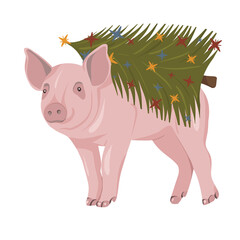 Fototapeta premium Cheerful Chinese zodiac pig carrying a decorated pine tree. A fun and warm holiday-themed illustration perfect for festive prints, products, and seasonal campaigns.