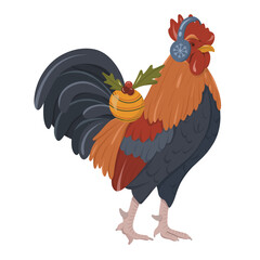 Colorful Chinese zodiac rooster decorated with a festive ornament and winter earmuffs. Perfect for bright seasonal designs, holiday branding, and creative merchandise.