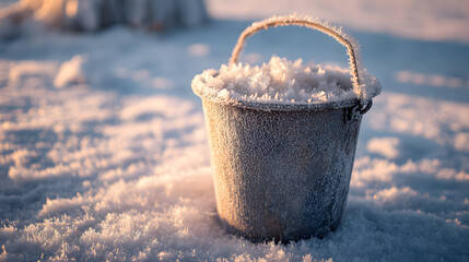 Frost covered bucket filled with sparkling ice crystals