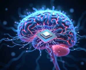 Brain with integrated computer chip illustration