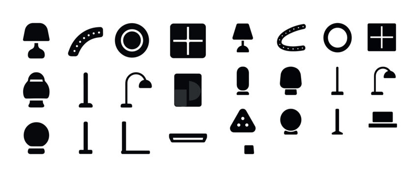 Minimalist icons: table lamp, circular, square, exclamation, dir