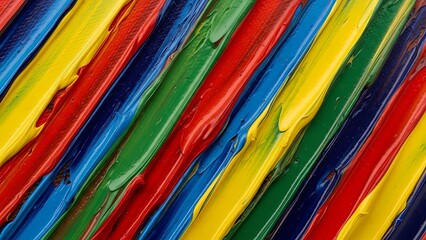 Vibrant abstract oil painting with thick, textured diagonal brushstrokes in bold rainbow colors: red, yellow, green, blue, purple.