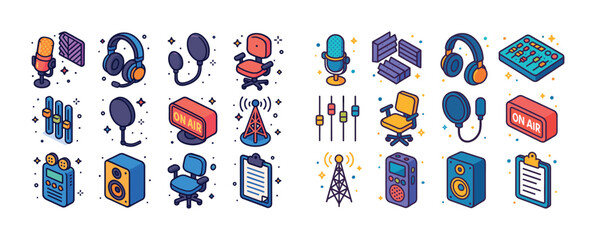 Colorful audio equipment icons: microphones, headphones, mixers,