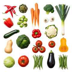 Assorted fresh vegetables isolated on transparent background for culinary and health related uses