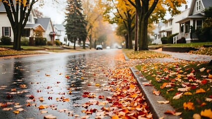 A quiet residential street covered in colorful autumn leaves after a rain shower, with houses and trees lining the road.