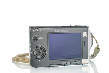 One digital camera  isolated on white background, close-up.