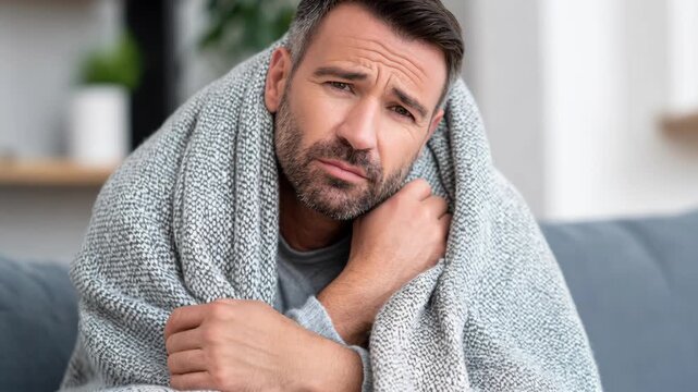 A man wrapped in a blanket looks distressed and unwell, showing signs of sickness and discomfort.