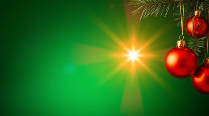 Red Christmas Ornaments on Green Background with Starburst And Christmas Tree Branch