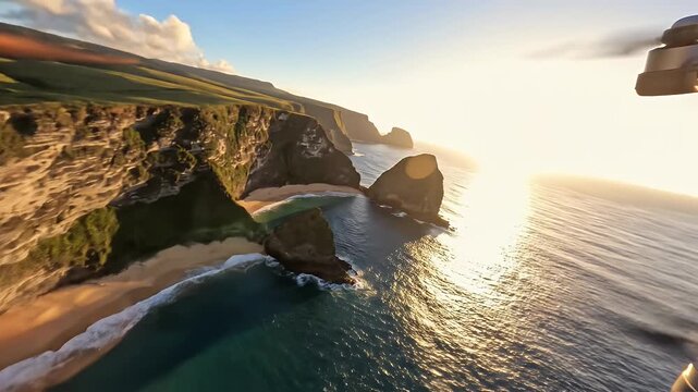 Aerial view of the beautiful ocean and cliffs with sunlight during the day.