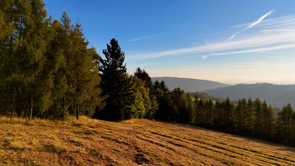 Beautiful morning landscape in the Appalachian Mountains of North Carolina, USA. The Grand Smoky Mountains in autumn. Drone view.