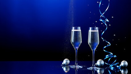 Elegant New Year Champagne Toast with Blue Ribbons and Silver Ornaments on Deep Blue Background