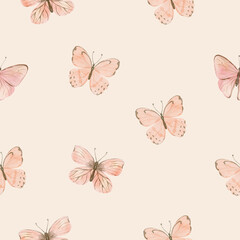 Pink watercolor butterflies seamless pattern. Romantic soft background for nursery and stationery design.