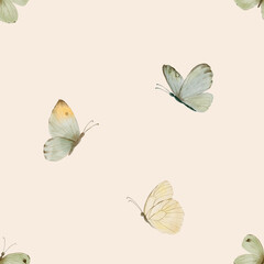 Light watercolor butterflies seamless background. Airy spring pattern for textile and stationery projects.