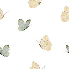 Minimal watercolor butterflies seamless pattern. Clean elegant background for modern surface design.