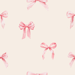 Pink watercolor bows seamless pattern. Soft romantic ribbon background for stationery and textile design.