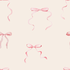Pink ribbon watercolor seamless pattern. Playful bow background for wrapping paper and textiles.
