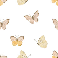 Watercolor butterflies seamless pattern. Soft vintage inspired background for fabric and paper design.