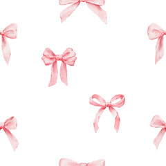 Soft pink watercolor bows pattern. Seamless romantic background for stationery and fabric design.