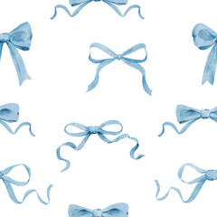 Blue watercolor bows seamless pattern. Elegant ribbon background for textile and stationery projects.