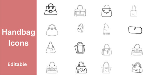 16 Vector Outline Icons of Various Women's Bags, Graphic Design Element Collection