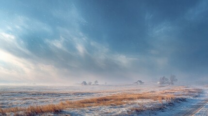 Dreamy winter field with soft drifting snow particles under a gradient blue sky, creating a serene atmosphere with ample copy space for text overlay