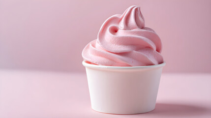 Pink frozen yogurt serving in white cup
