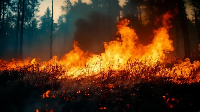 A vivid image of burning flames spreading across a forest floor during a wildfire, symbolizing danger, natural disaster, destruction, climate crisis, ecology, survival, uncontrollable power of fire.