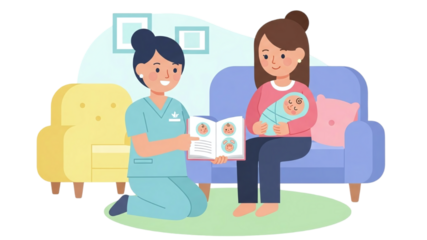 Compassionate healthcare professional provides in-home consultation to a new mother holding her infant, offering expert guidance on newborn care, maternal health, and early parenting education