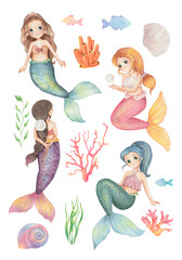 A cute cartoon set of mermaids. Watercolor set with coral, algae, fish, seashell and pearl 