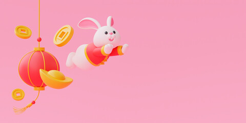 Happy chinese new year 3d cartoon rabbit with golden coins and lantern