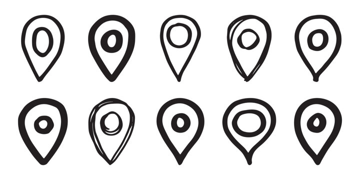 Set of hand drawn map pin Map marker pointer sign GPS and mapping tools Location pin symbol Pinpoint clipart in doodle style Single element for web, design