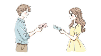 Love Letter Exchange: A tender moment captured between a man and woman as they exchange heartfelt letters, their eyes locked in anticipation and affection.