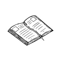 Monochrome open notebook or observation diary with photo frame, space for text, and decorative bookmark vector isolated illustration. template for stationery design, custom photo album creation