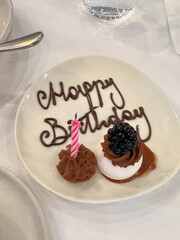 happy birthday, words written in chocolate on a white plate with a little cake and candle 