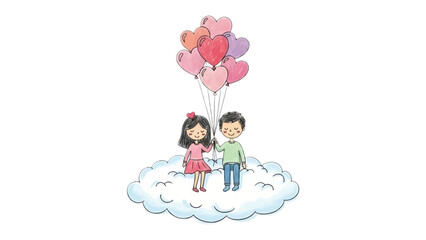 Love's Ascent: Two hearts ascend to new heights, gently carried above the clouds by a cluster of heart-shaped balloons. A dreamy scene, symbolizing love, affection, and dreams of the future.