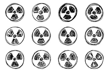 Set of hand drawn radiation sign Nuclear radiation hazard symbol Radioactive danger warning doodle Radioactive waste Single element for print, web, design, decor