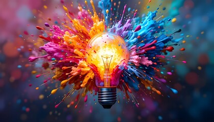 Creative light bulb bursting with vibrant paint splashes, symbolizing innovative ideas and dynamic brainstorming concept