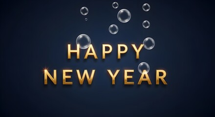 Simple gold foil "Happy New Year" text on a dark blue background with floating champagne bubbles.
