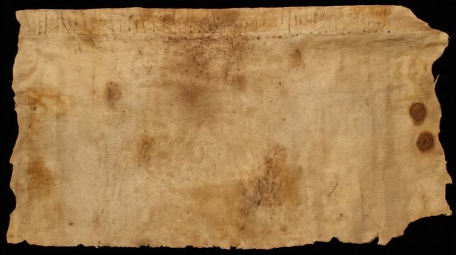 An aged piece of parchment with frayed edges and discoloration spots, featuring shadowy areas and a fragile texture,