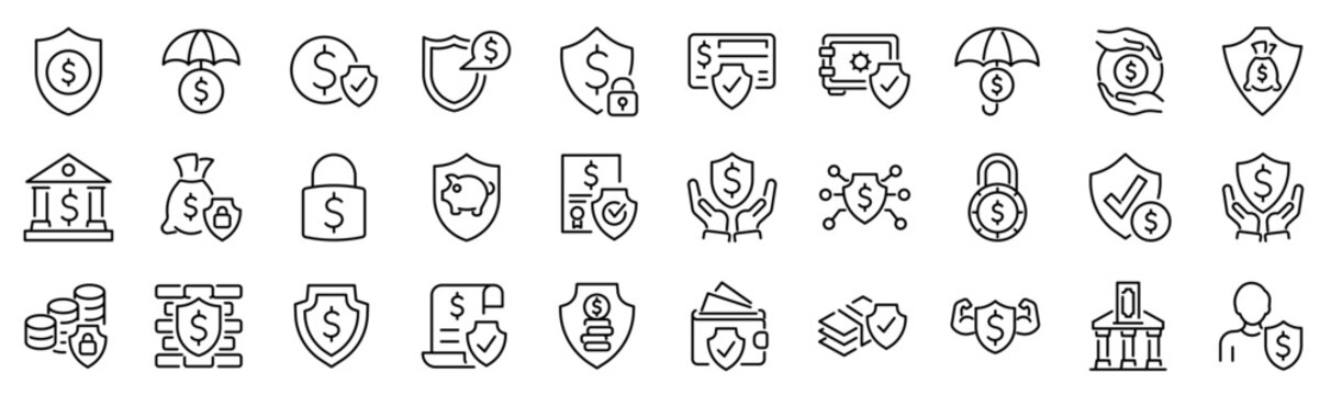 Set of 30 outline icons related to financial protection. Linear icon collection. Editable stroke. Vector illustration