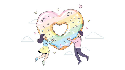 Love's Sweet Embrace: A couple floats in a dreamy sky, delicately cradling a heart-shaped donut, a sweet symbol of love, joy, and the simple pleasures in life. 