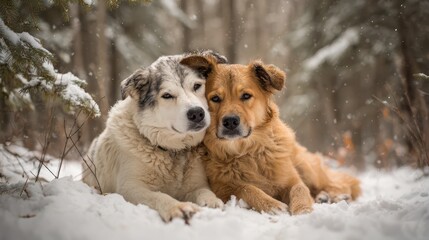 Heartwarming winter scene featuring two dogs bonded by affection in the snow