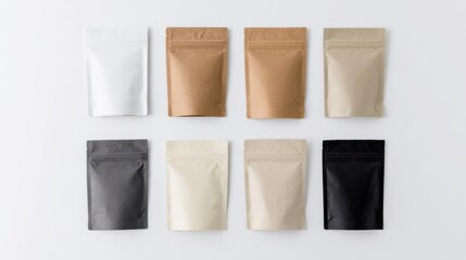 Eight ziplock bags in various colors like white, brown, beige, black, and gray are neatly arranged in two rows,