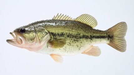 Fototapeta premium High-detail portrait of a largemouth bass with olive-green body and white belly against a white background