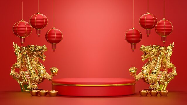 Chinese New Year Product Display Podium with Golden Dragons and Red Lanterns