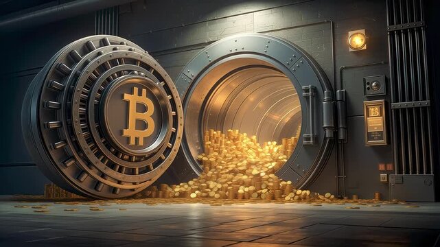 Open bank vault with Bitcoin logo and piles of gold coins 