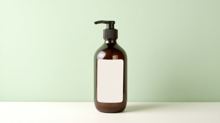 An amber glass bottle with a black plastic dispenser cap stands upright on a greenish blue desk,