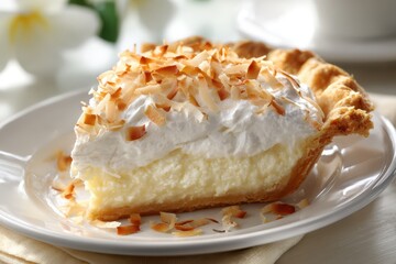 Homestyle coconut cream pie displayed on a bright, simple background